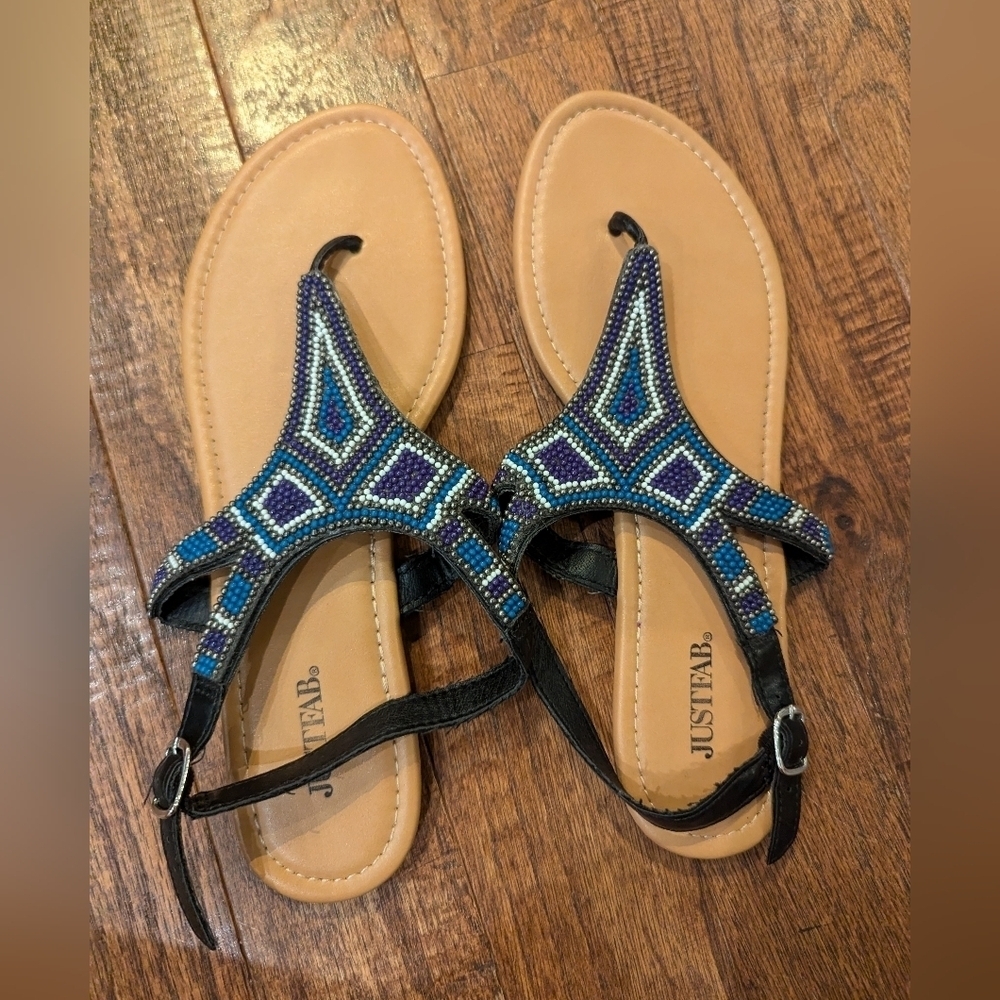 Just Fab beaded Boho sandals, blue,white & purple Beading, woman's SZ 11 New